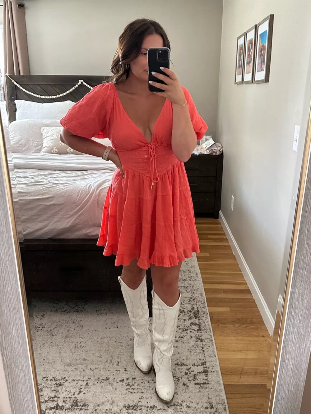 FREE PEOPLE “Perfect Day” Mini Dress in Watermelon Cotton-Gauze, Size Large